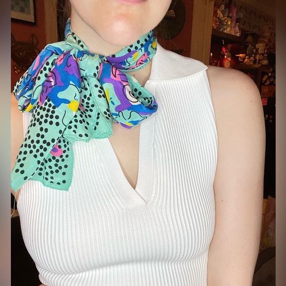 vintage honey multi color rolled silk scarf with a funky floral and polka dot - Picture 4 of 8